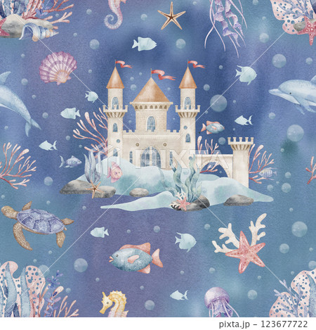 Seamless pattern with underwater Castle and seabed on watercolor dark background. Illustration of marine backdrop with corals, seaweed, fish, and bubbles for childish linen or kids wrapping paper. 123677722