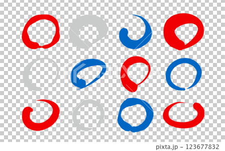 丸印　和風の円マークセット　赤と青の筆文字　手描き素材　　白背景 123677832