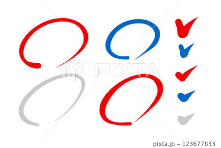 丸とチェックマークセット 赤と青の筆文字 手描き素材 白背景 丸とチェックマークセット 赤と青の筆文字 手描き素材 白背景 123677833
