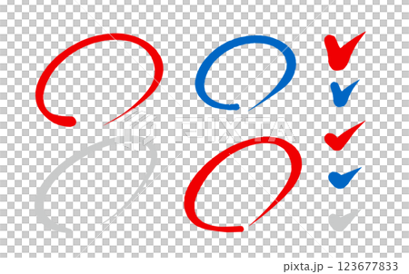 Circle and check mark set, red and blue brush letters, hand-drawn material, white background 123677833