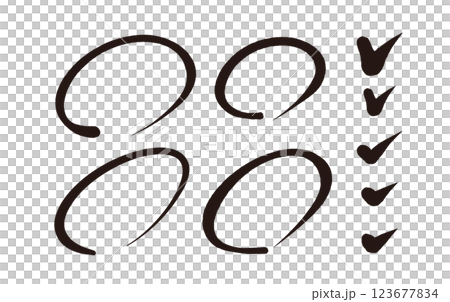 Circle and check mark set, black brush writing, hand-drawn material, white background, monochrome 123677834