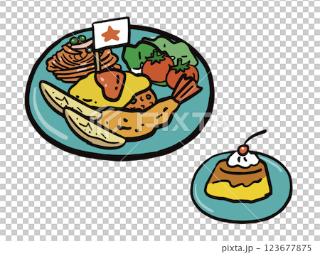 Illustration set of children's lunch served on a blue plate Illustration set of children's lunch served on a blue plate 123677875