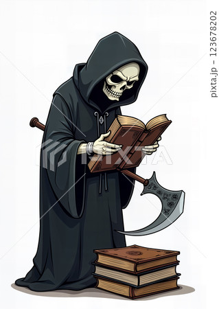 Ancient book and scythe held by grim reaper. 123678202