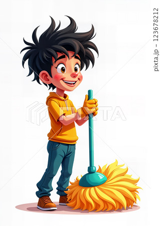 Janitor with spiky hair and mop. 123678212