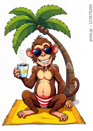 Monkey with coffee on beach. 123678260