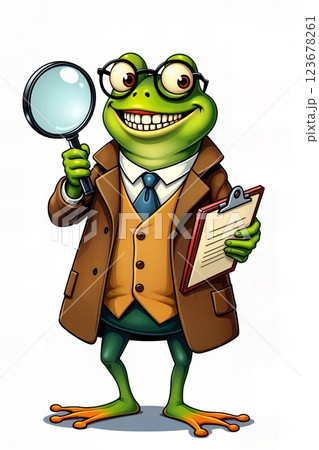 Detective frog with magnifying glass. Detective frog with magnifying glass. 123678261