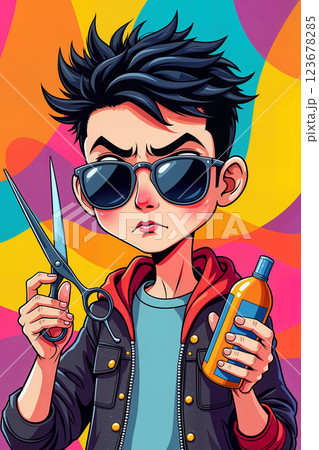Cartoon barber with sunglasses and tools. Cartoon barber with sunglasses and tools. 123678285