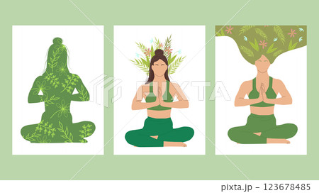 Mental health awareness month layout set poster. Girl meditates. Psychological and emotional well-being. Vector illustration. Mental health awareness month layout set poster. Girl meditates. Psychological and emotional well-being. Vector illustration. 123678485