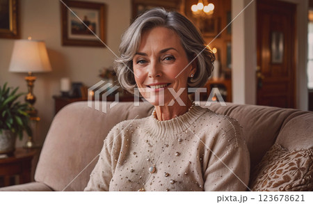 Woman is sitting on a couch with a smile on her face. She is wearing a white sweater with a pearl necklace Woman is sitting on a couch with a smile on her face. She is wearing a white sweater with a pearl necklace 123678621
