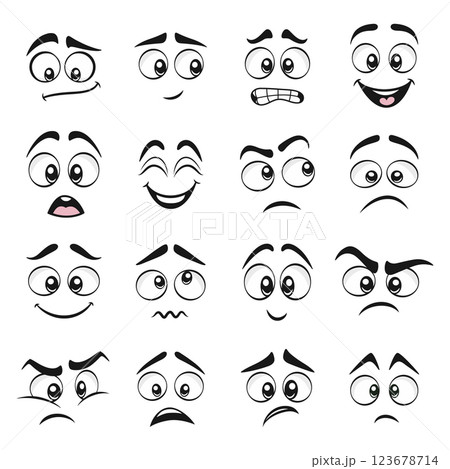 Flat Vector Expressive Cartoon Faces Set. Funny, Happy, Sad, Angry, Surprised, Scared, Confused Face Emotion Collection. Facial Expressions For Comics, Stickers, Social Media Design Elements 123678714