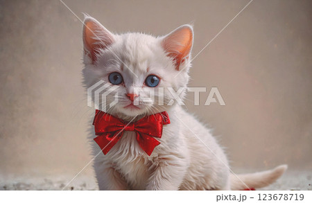 White kitten wearing a red bow tie. The kitten is looking at the camera with a curious expression 123678719