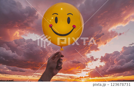 Person is holding a yellow balloon with a smiley face on it. The sky is cloudy and the sun is setting, creating a moody atmosphere 123678731