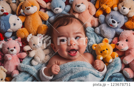 Baby is laying on a bed with a bunch of stuffed animals around him. The baby is smiling and looking at the camera. Concept of warmth and comfort, as the baby is surrounded by his favorite toys 123678751