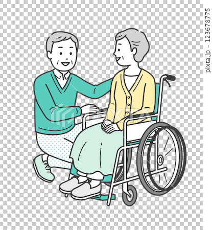 Full-body illustration of an elderly woman in a wheelchair and an elderly man assisting her 123678775