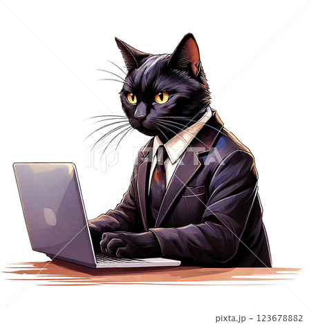 ノートパソコンを使うビジネスマン風のスーツ猫 ノートパソコンを使うビジネスマン風のスーツ猫 123678882