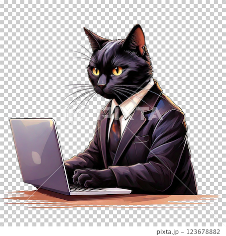 ノートパソコンを使うビジネスマン風のスーツ猫 ノートパソコンを使うビジネスマン風のスーツ猫 123678882