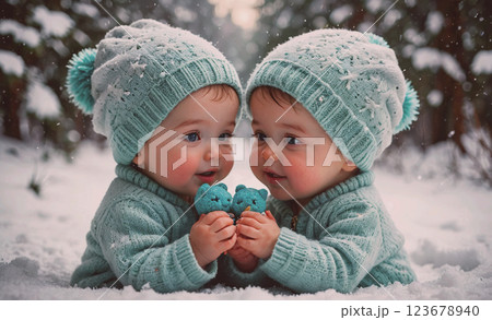 Two babies wearing blue hats and holding teddy bears. The babies are smiling and seem to be enjoying themselves Two babies wearing blue hats and holding teddy bears. The babies are smiling and seem to be enjoying themselves 123678940