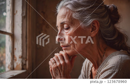 Woman is praying in front of a window. She is wearing a white shirt and has her hands clasped together 123678960
