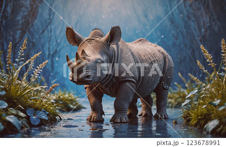 Rhino is walking through a forest with snow on the ground. The scene is peaceful and serene, with the rhino being the main focus of the image 123678991