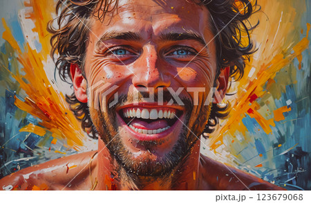 Man with a big smile on his face. The painting is colorful and vibrant. The man's smile is contagious and makes the painting feel joyful and lively Man with a big smile on his face. The painting is colorful and vibrant. The man's smile is contagious and makes the painting feel joyful and lively 123679068
