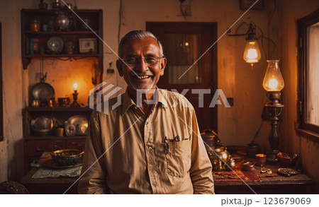 Man is smiling in a kitchen with a table and a lamp. Scene is warm and inviting Man is smiling in a kitchen with a table and a lamp. Scene is warm and inviting 123679069