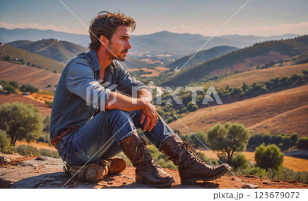 Man is sitting on a rock in the desert. He is wearing a blue shirt and jeans 123679072