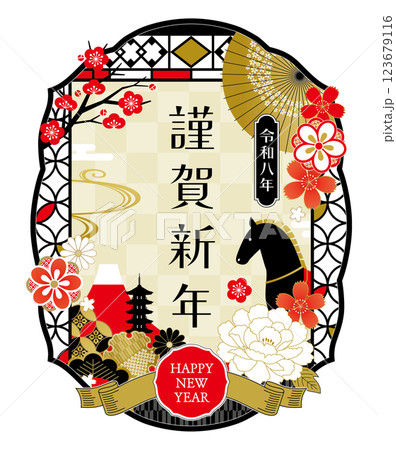 花と富士山のデザイン午年の年賀状テンプレート 花と富士山のデザイン午年の年賀状テンプレート 123679116