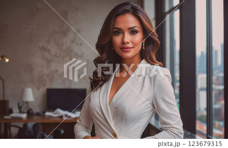 Woman in a white blazer and dress standing in front of a window. She is smiling and looking at the camera 123679315