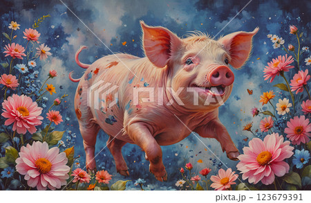 Pig is running through a field of flowers. The pig is pink and has a white spot on its face. The flowers are pink and yellow, and they are scattered throughout the field. Scene is joyful and playful Pig is running through a field of flowers. The pig is pink and has a white spot on its face. The flowers are pink and yellow, and they are scattered throughout the field. Scene is joyful and playful 123679391