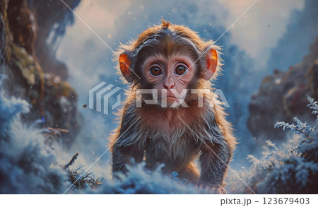 Baby monkey is standing in the snow. The image has a playful and lighthearted mood, as the baby monkey appears to be enjoying the cold weather Baby monkey is standing in the snow. The image has a playful and lighthearted mood, as the baby monkey appears to be enjoying the cold weather 123679403