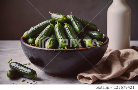 Bowl of pickled cucumbers sits on a table next to a bottle. The cucumbers are green and have been pickled, giving them a tangy flavor. The bowl is filled with many cucumbers 123679421