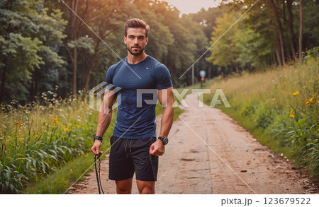 Man in a blue shirt and black shorts is walking on a dirt road. He is holding a tennis racket in his hand 123679522