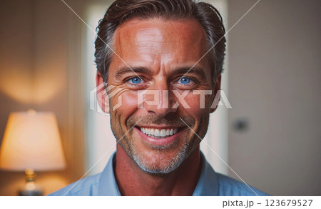 Man with a beard and blue eyes is smiling. He is wearing a blue shirt and a blue tie 123679527