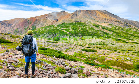 夏の御嶽山登山:サイノ河原から剣ヶ峰を望む 夏の御嶽山登山:サイノ河原から剣ヶ峰を望む 123679529