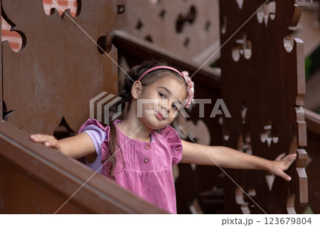Cute young girl in pink dress smiling on wooden playground structure 123679804