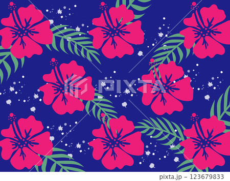 ハイビスカスとアレカヤシの葉の南国壁紙背景 123679833