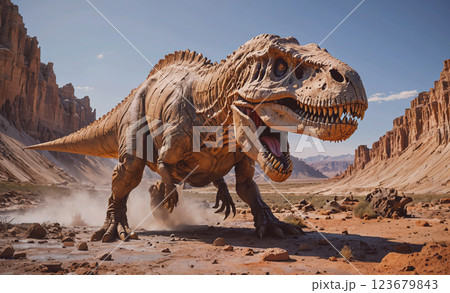 Large dinosaur is running through a desert. The dinosaur is a T-Rex and is in the middle of the desert 123679843