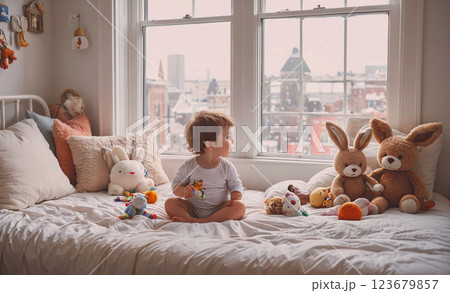 Young child sits on a bed surrounded by stuffed animals. The room is decorated with a variety of stuffed animals, including a teddy bear and a rabbit. The child is holding a toy in his hand Young child sits on a bed surrounded by stuffed animals. The room is decorated with a variety of stuffed animals, including a teddy bear and a rabbit. The child is holding a toy in his hand 123679857
