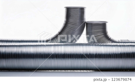 a coiled air conditioning pipe with a ribbed metallic texture, placed on a white reflective surface, industrial design and flexibility of the pipe, making it suitable for HVAC systems, ventilation 123679874