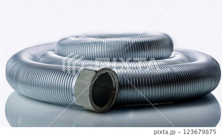 a coiled air conditioning pipe with a ribbed metallic texture, placed on a white reflective surface, industrial design and flexibility of the pipe, making it suitable for HVAC systems, ventilation 123679875
