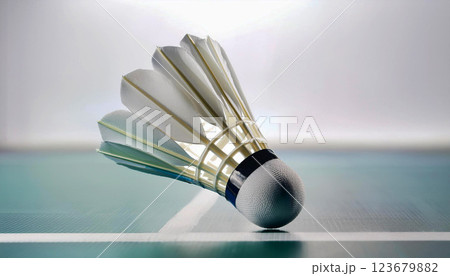 badminton shuttlecock and badminton racket, a badminton shuttlecock resting on a green court near the white boundary line, training materials, and marketing for badminton events 123679882