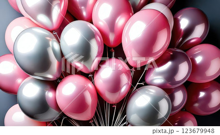 《AI画像》宙に浮かぶたくさんの風船（ピンク系統） 123679948