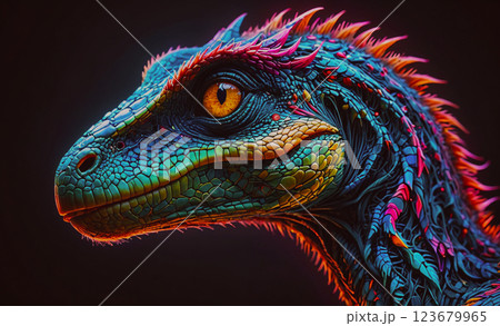 Colorful dinosaur head with a yellow eye. The colors are bright and vibrant, giving the impression of a fantastical creature 123679965