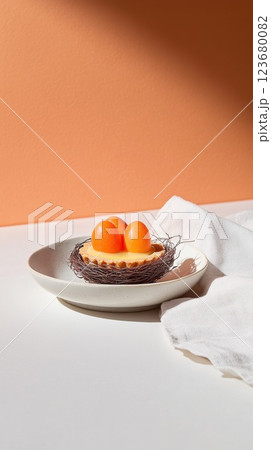 Elegant lemon mini-tart with chocolate nest and pastel dragees beautifully arranged on a porcelain plate Elegant lemon mini-tart with chocolate nest and pastel dragees beautifully arranged on a porcelain plate 123680082