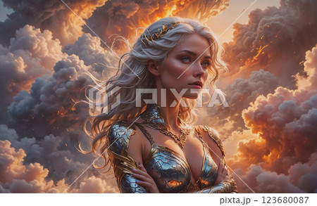 Woman with long blonde hair and a gold crown stands in front of a cloudy sky. The clouds are dark and ominous, and the woman's expression is serious and determined. The scene is set in a fantasy world 123680087
