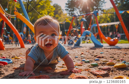 Baby is laying on the ground in a park with a lot of people around. The baby is smiling and looking at the camera 123680165