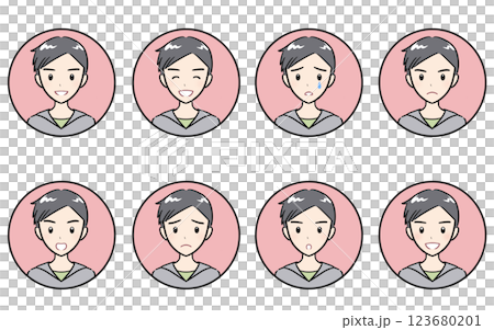 Icon set of various expressions of joy, anger, sadness and happiness of elementary school boys, pink 123680201