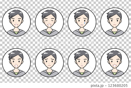 Icon set of various facial expressions of elementary school boys Icon set of various facial expressions of elementary school boys 123680205
