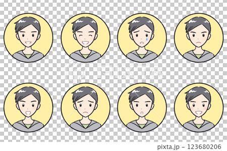 Icon set of various expressions of joy, anger, sadness and happiness of elementary school boys Yellow 123680206