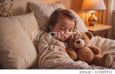 Little girl is sleeping with a teddy bear. The teddy bear is brown and has a smile on its face. The girl is lying on a bed with two pillows. The room is dimly lit, creating a cozy Little girl is sleeping with a teddy bear. The teddy bear is brown and has a smile on its face. The girl is lying on a bed with two pillows. The room is dimly lit, creating a cozy 123680431